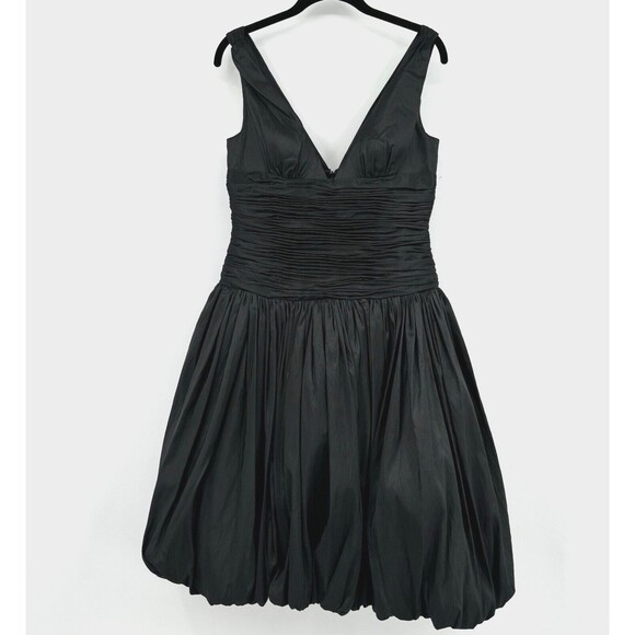I ssue Ruched Taffeta Bubble Hem Dress Size 6 Black V-Plunge Neckline Cocktail